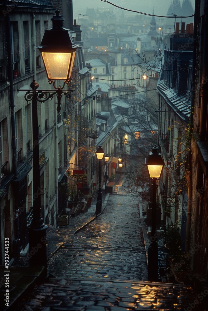 Canvas Prints A street lights are lit up on a rainy night, AI