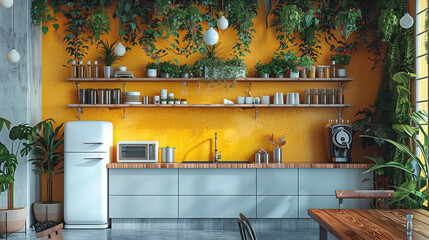 Obraz na płótnie Canvas Yellow-Walled Kitchen With White Refrigerator