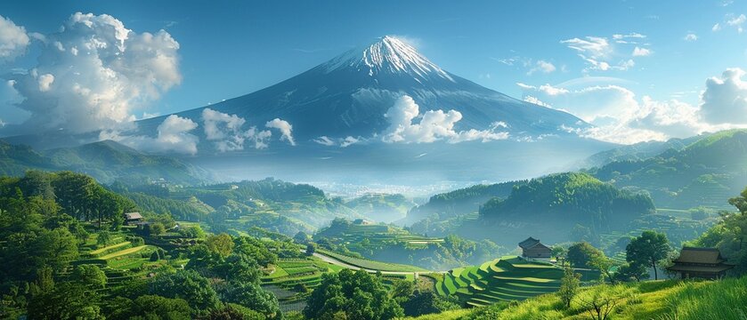 Mt Fuji dominates the skyline, towering over a vast landscape of rolling hills and lush green fields A winding road or a traditional Japanese village 