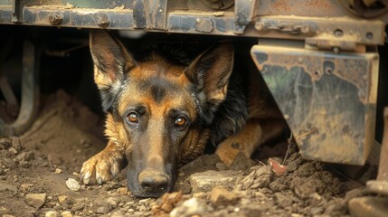 A German Shepherd sniffs around a suious vehicle his nose leading him to a hidden stash of explosives. .