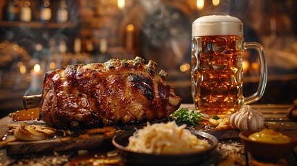 Rustic table, dramatic light A colossal, golden pork knuckle boasts crispy skin Steaming sauerkraut and a playful onion sliver rest beside it A towering draft beer
