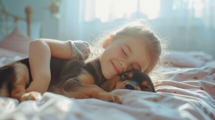 A little girl tenderly hugs her puppy and lies on the bed in a bright bedroom in the morning. Friendship concept between child and pet, copy space for text
 - obrazy, fototapety, plakaty