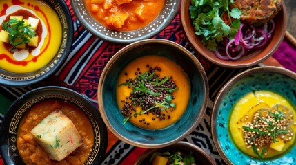 Closeup of a colorful array of sweet and savory dishes including traditional desserts like millet cakes and mango pudding showcasing how African cuisine has adapted to incorporate .