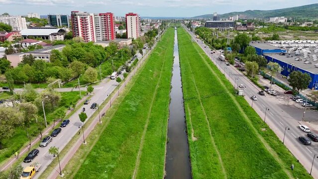 Aerial drone view of Iasi city from Romania above Bahlui river