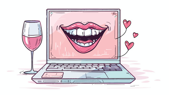 Laptop with smiling mouth on screen. Wine glass stand