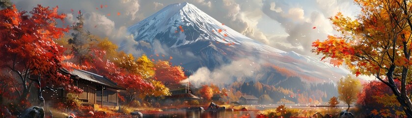 Capture Mt Fuji with a dusting of snow on its peak, rising above a landscape painted in autumnal colors Vibrant red and yellow leaves carpet the foreground - obrazy, fototapety, plakaty