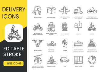 Types and methods of delivery line icons set with editable stroke, Scooter and Bicycle, Motorcycle and Pickup truck, Truck and Train, Airplane and Ship, Sled and Drone, Rocket and Cable car, Courie
