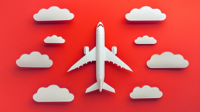 White airplane on red background with paper clouds - Travel Simplicity, Minimalist Art, Creative Presentation