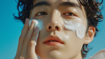 A young South Korean asian man applies cream to his face. Men's facial care concept
