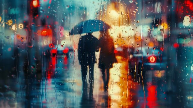 The outoffocus background paints a vibrant picture of a rainy cityscape perfectly capturing the achingly passionate mood of the lovers walking in the rain. .