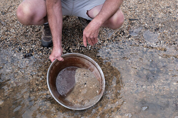 Searching for gold with an iron pan in a riverbed. Gold panning