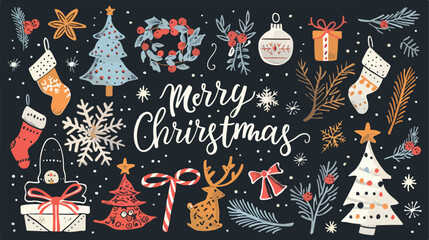 Merry christmas elements. Colored doodle vector set.