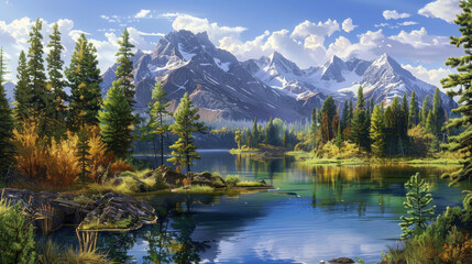Beautiful nature with rivers and pine trees along with mountains.