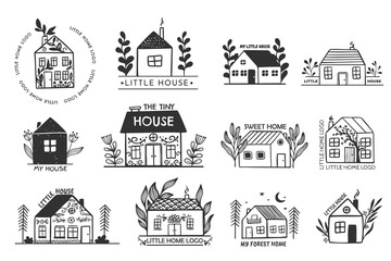 Collection of the hand drawn home, house logos, icons. Cottage vintage style with plants, tiny hand drawn houses. Village buildings, architecture nature elements.