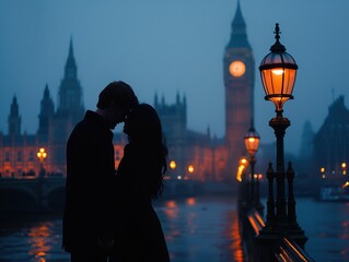 Romantic Couple Kissing in Front of Clock Tower