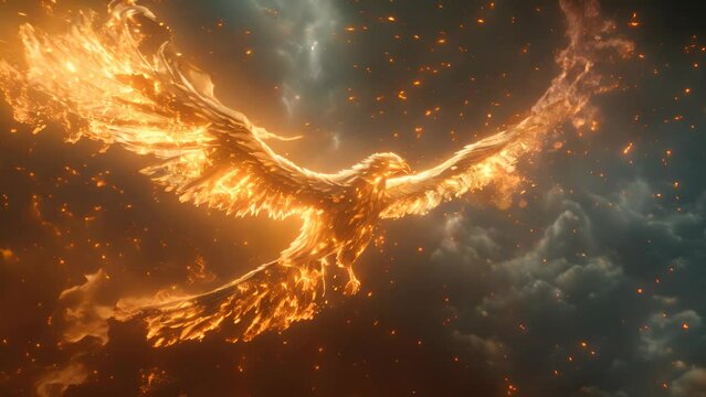 A phoenix with its wings spread out, surrounded by fire and smoke. Concept of danger and chaos, as the bird is in the midst of a fiery storm. The flames and smoke create a sense of urgency