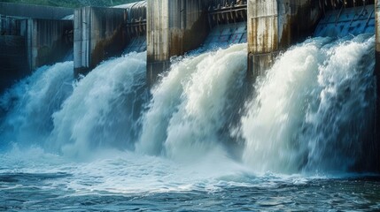 Closeup of a small hydroelectric dam with water cascading down and turning a turbine to produce clean energy. .