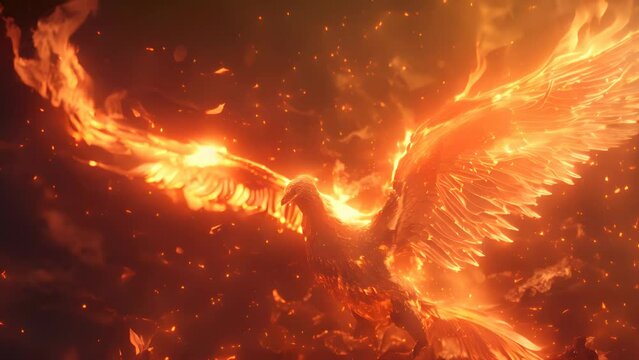 A phoenix rising from the ashes with a fiery background