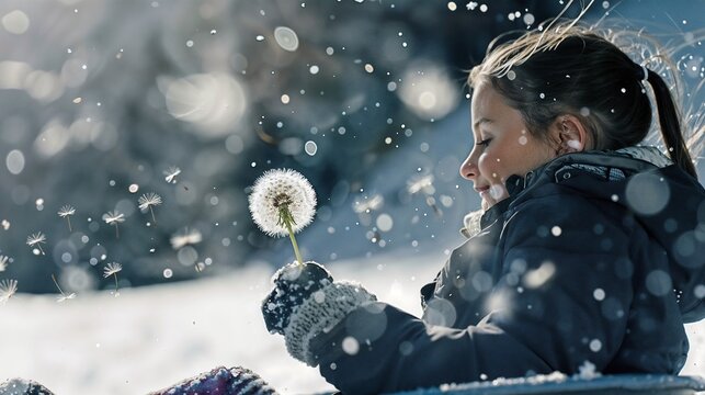 A serene scene of a young girl in winter attire, gently blowing on a frost-kissed dandelion. The seeds detach and scatter, mingling with snowflakes in the crisp winter air.