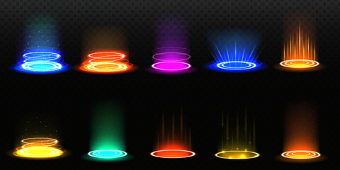 Level up effect. Realistic teleportation portal. Teleportation process game effect, futuristic lighting and bright wrap aura. Energy circles and rays on black background.