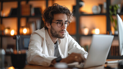A young professional in business casual attire sitting at a desk at home performing a on online search while appearing to be interested in the results. Generative AI.