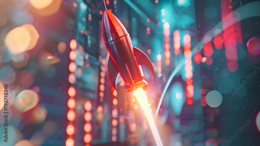 Canvas Prints a red rocket is flying through a cityscape with a lot of lights and numbers. the rocket is surrounde