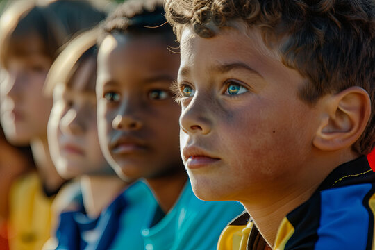Young football players eagerly awaiting their turn on the bench during a children's soccer match - Powered by Adobe