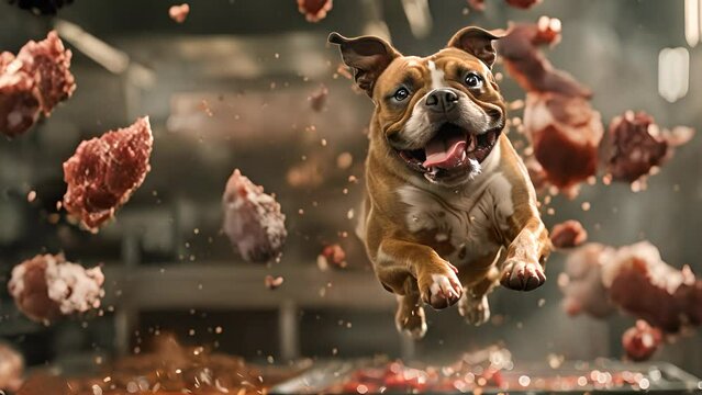 A dog is jumping through a pile of meat. The dog is brown and white. The meat is in various stages of being cut up