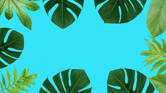 Tropical Plant Leaves On Blue Background With Copy Space Monstera Palm