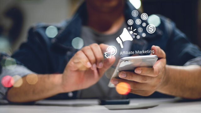 Affiliate marketing, online business model concept. Creating relationships strategy between merchants, affiliates, and customers. Generated revenue by rewarding affiliates for referring customers.