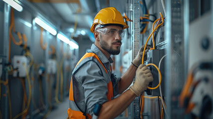 A professional electrician performing electrical installations. fully equipped with a tool belt and safety helmet, actively engaged in wiring a modern office space. Generative AI.