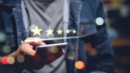 Customer Satisfaction Survey concept, 5-star satisfaction, Users Rate Service Experiences On Online Application, Customers Can Evaluate Quality Of Service Leading To Business Reputation Rating.