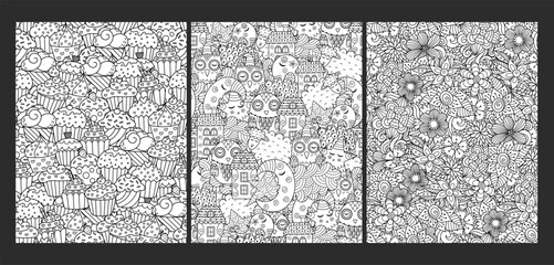 Obraz premium Doodle coloring pages bundle. Adorable templates set for coloring book in US Letter format with cupcakes, flowers and good night character. Vector illustration
