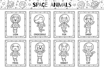 Space animals flashcards black and white collection with cute astronaut characters. Cosmic animals flash cards in outline for practicing reading skills. Vector illustration