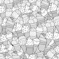 Doodle ice cream black and white seamless pattern. Sweet ice cream cones background for coloring book. Food outline print. Vector illustration - 792749553