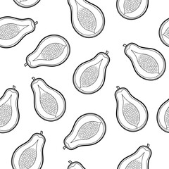 Doodle papaya black and white seamless pattern. Tropical fruit background in outline. Great for fabric, wrapping and food packaging. Vector illustration