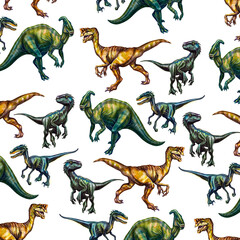 Seamless pattern with different colored dinosaurs. Watercolor drawing on a white background.  © Viktoriia