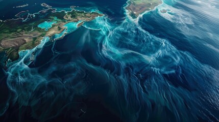 An aerial photograph of the worlds oceans highlighting the spread of sustainable biofuelpowered shipping lanes that connect major ports and cities around the globe. The maplike image .