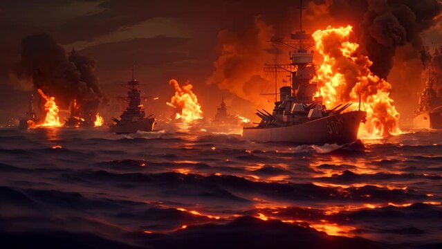 A battle between two ships with one of them being a battleship. The other ship is smaller and is being destroyed by the battleship