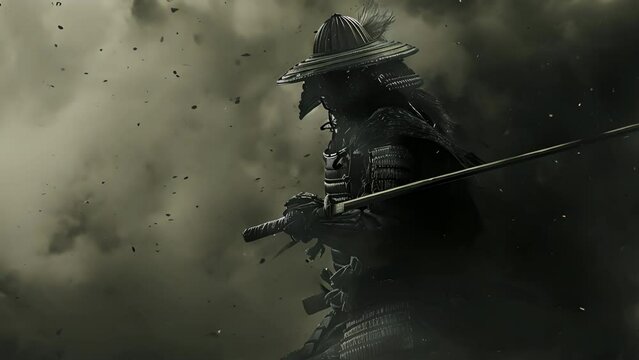 A samurai warrior is holding a sword and wearing a helmet. The image has a dark and moody atmosphere, with smoke and debris in the background