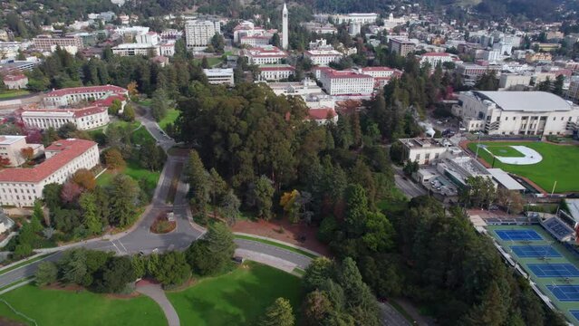 Aerial View, University of California Berkeley USA Campus, Park and Buildings, Revealing Drone Shot
