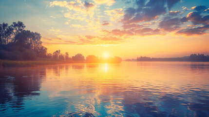 Sunset or sunrise on the river. Nature background  - obrazy, fototapety, plakaty