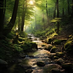 Naklejka premium A beautiful and serene forest with a babbling brook running through it. The sun is shining through the trees, creating a magical atmosphere.