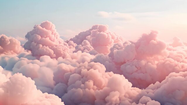 A pink cloud filled sky with a light blue background. The sky is filled with fluffy pink clouds that look like cotton candy. The sky is calm and peaceful