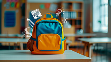 A blue school backpack stands on a desk against the background of a classroom and sketches of school supplies. Education and back to school banner