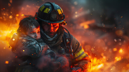 A poignant image capturing a firefighter's protective embrace of a child amidst the intense flames of a fire, highlighting the profound courage and compassion in moments of crisis