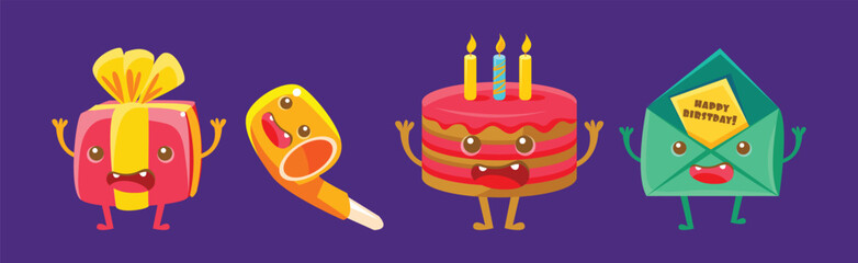 Funny Happy Birthday Character with Pretty Face Vector Set