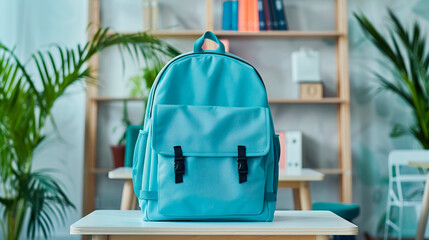 Blue backpack on the background of a classroom. Back to school banner