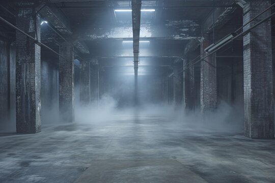 A vast warehouse filled with fog and dramatic light beams streaming through the upper windows, creating a moody atmosphere