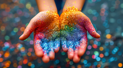 Rainbow made from colorful glitter on child's hands against a bokeh backdrop. World Autism Awareness Day concept.